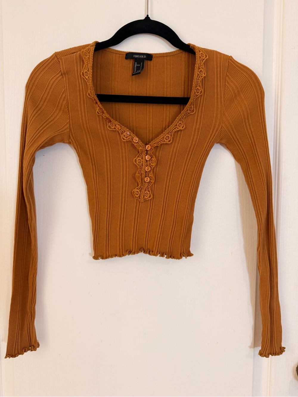 Forever 21 Women's Ribbed Lace-Trim Henley Top - Mustard